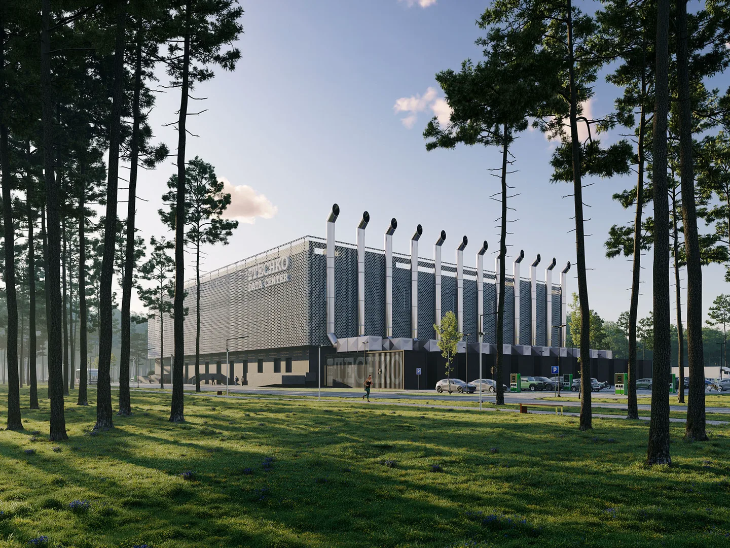 Wizualizacja architektoniczna centrum danych w leśnym otoczeniu