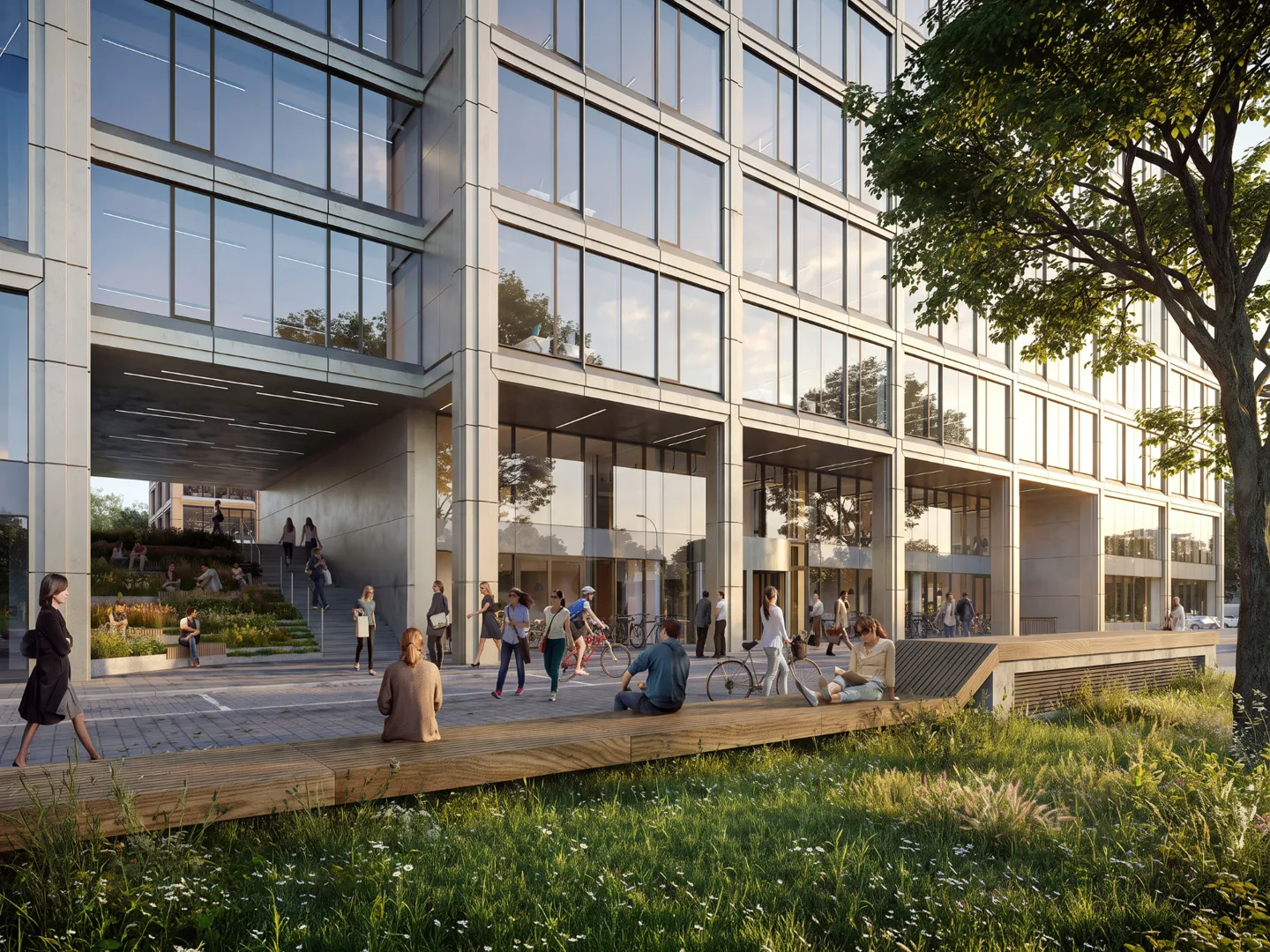 Wizualizacja architektury biurowej i przestrzeni publicznej z użytkownikami
