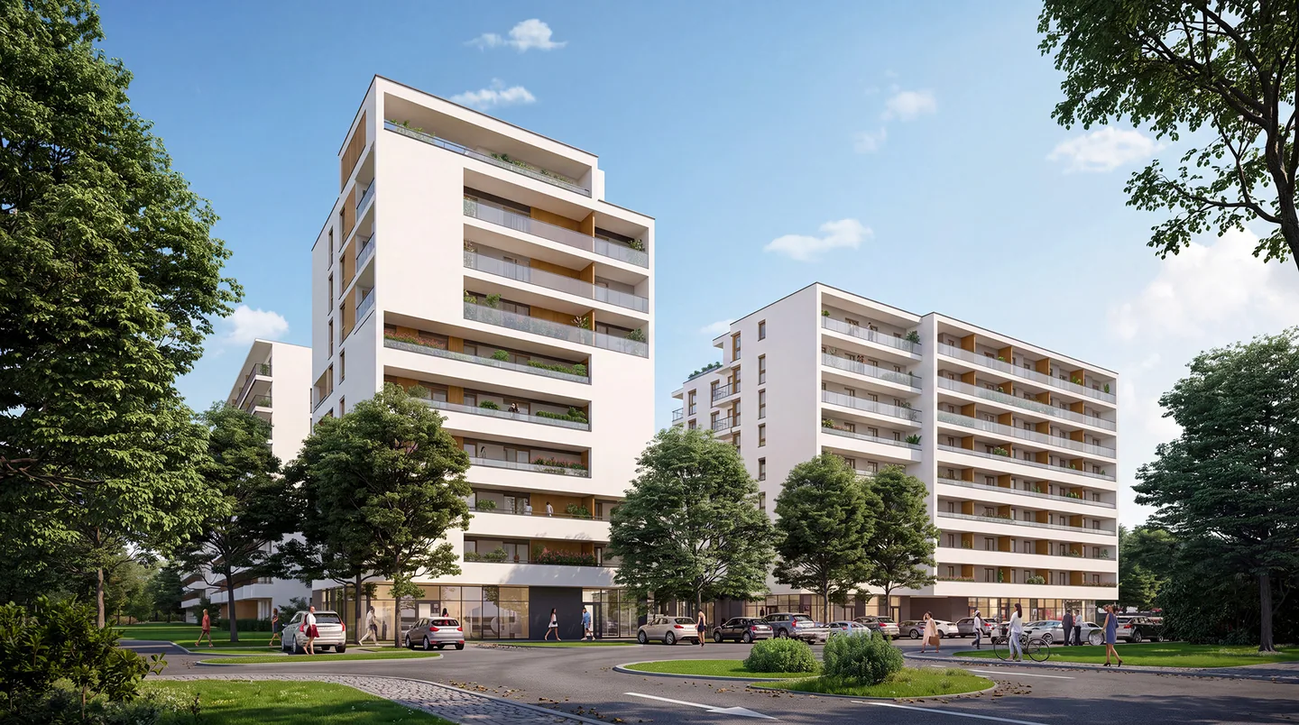 Panoramiczny kadr wizualizacji osiedla mieszkaniowego z szerokim ujęciem elewacji i otoczenia