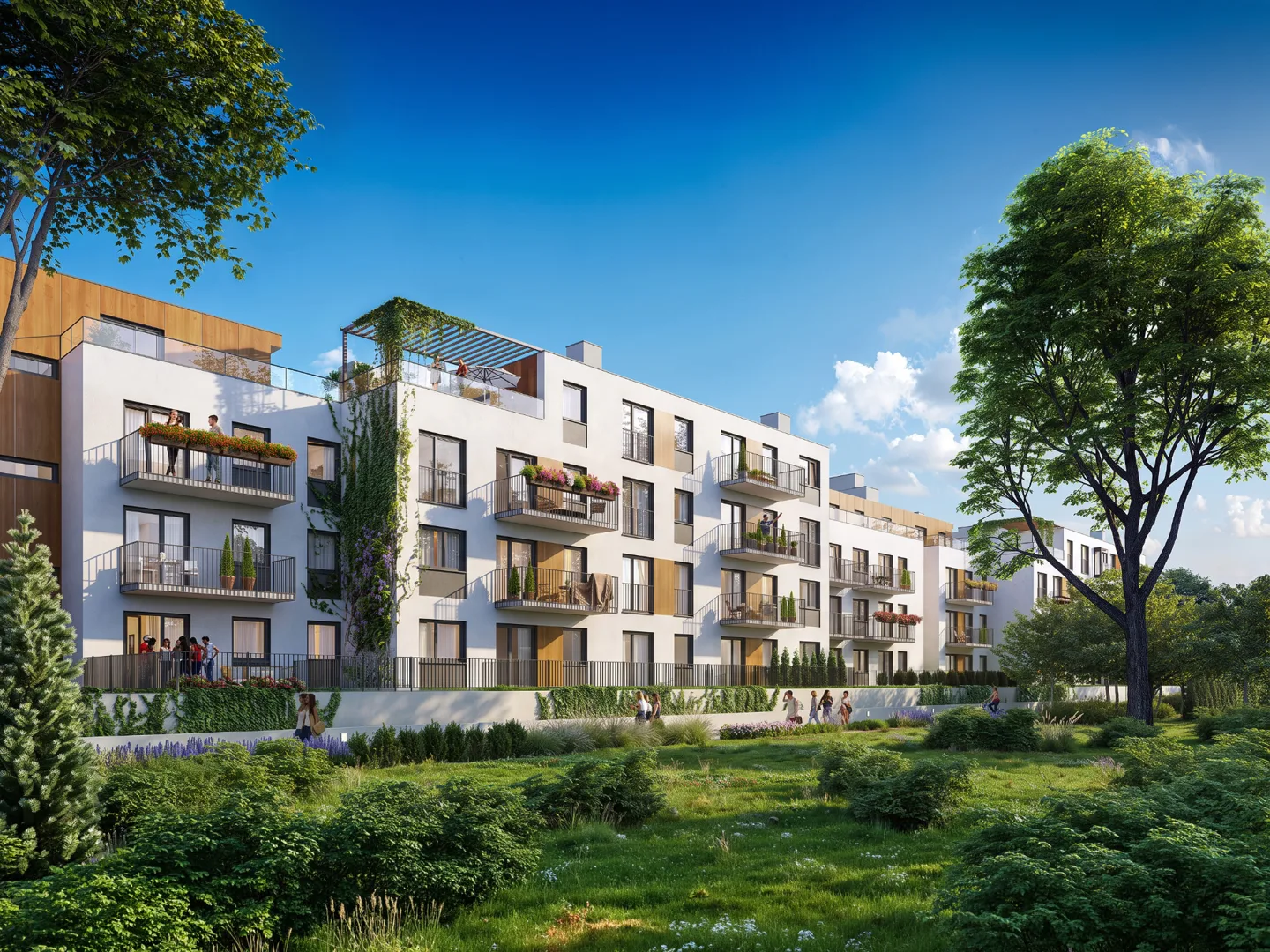 Wizualizacja architektoniczna osiedla mieszkaniowego z zielenią i przestrzenią rekreacyjną