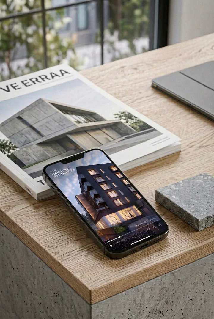 Pionowy materiał architektoniczny prezentowany na smartfonie