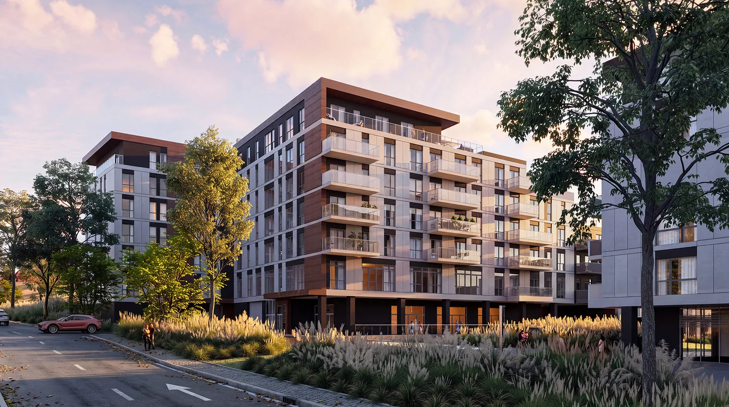 Szeroki kadr wizualizacji budynku apartamentowego z tarasami i zielenią na pierwszym planie