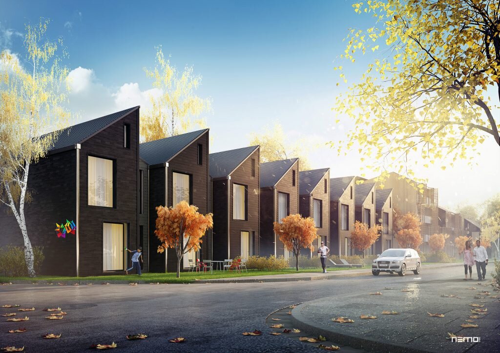 Romantyczna wizualizacja budynków mieszkalnych w zabudowie szeregowej