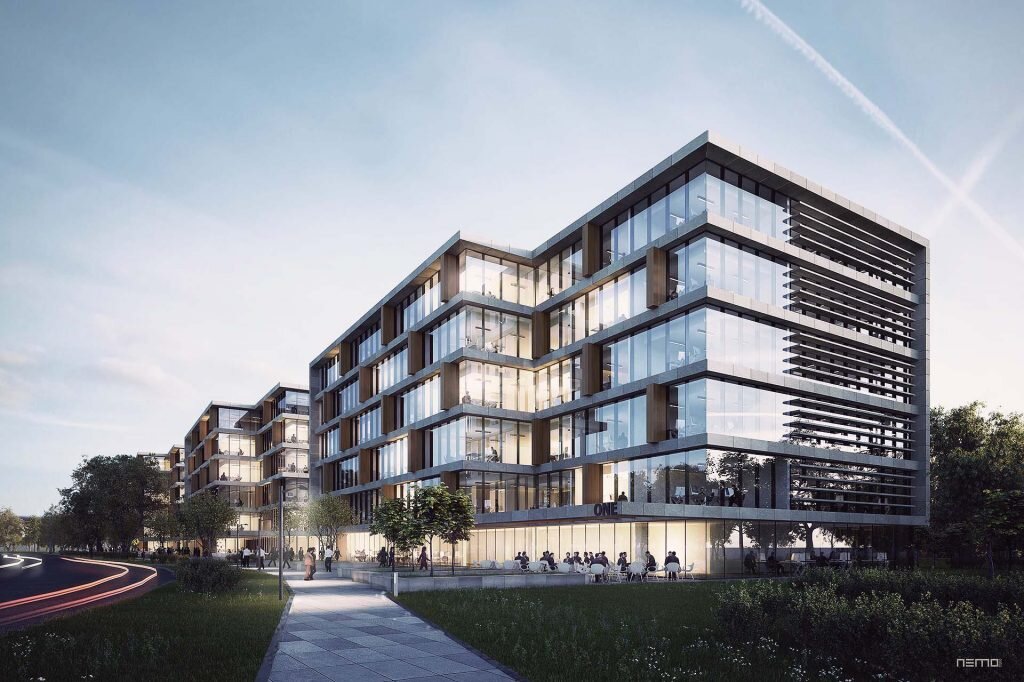 HOME 9 Nocna wizualizacja 3D budynku biurowego