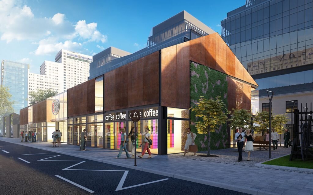 HOME 10 wizualizacja nowoczesnego industrialnego budynku, elewacja z cortenu