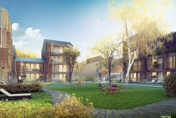 romantyczna wizualizacja nowoczesnej architektury mieszkalnej w Norwegii. Wizualizacja jesienna, mgła, złota godzina.