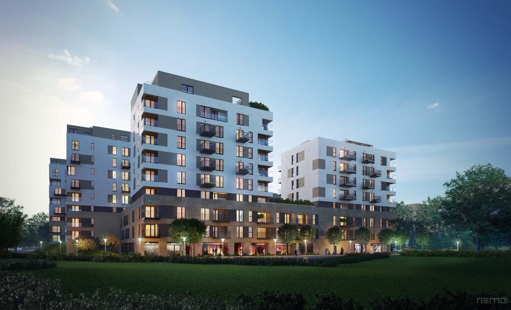 HOME 8 magiczna wizualizacja architektoniczna nocna wysokiego budynku mieszkalnego. Noc, światło.