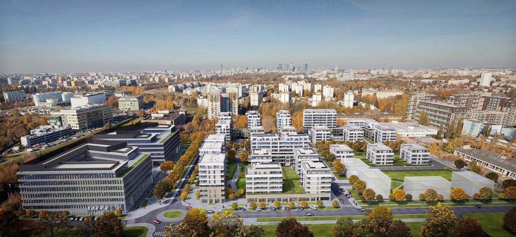 HOME 11 wizualizacja osiedla mieszkalnego z lotu ptaka z panoramą na centrum Warszawy.