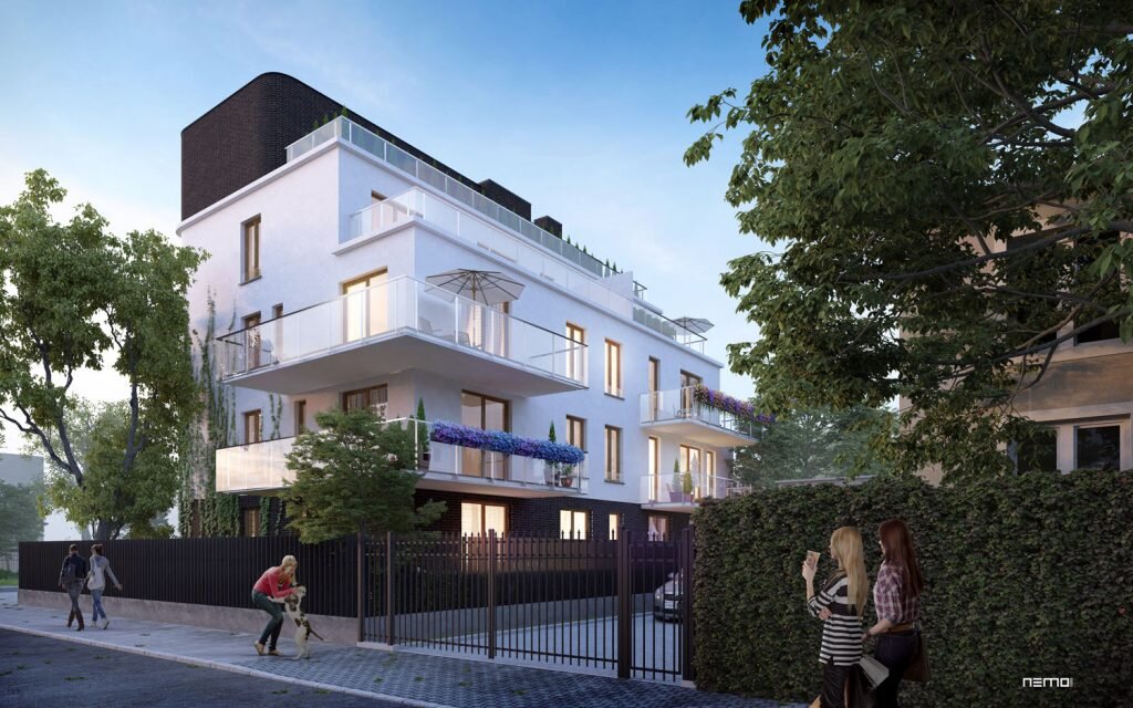 wizualizacja kameralnego budynku mieszkalnego, oświetlenie wieczorne