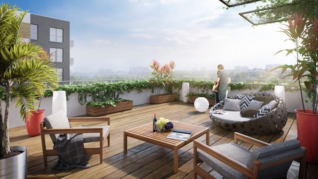 HOME 7 Wizualizacja 3d z widokiem na panoramę miasta. Atmosfera prywatności i spokoju.