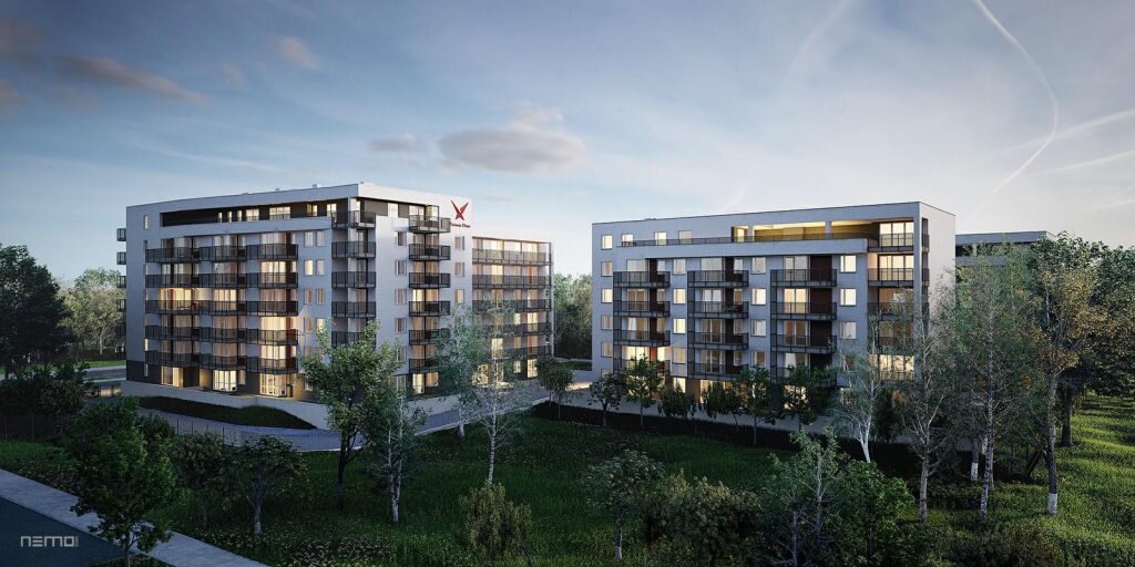 Wizualizacje architektoniczne budynków mieszkalnych na warszawskiej Białołęce.