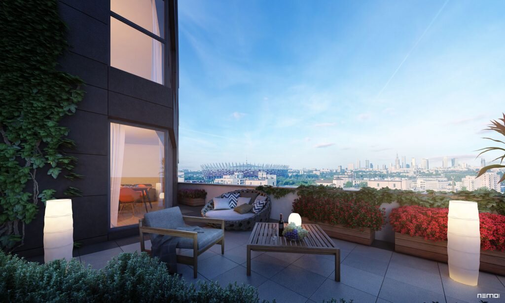 Wizualizacja z panoramą na stadion Narodowy i centrum Warszawy.