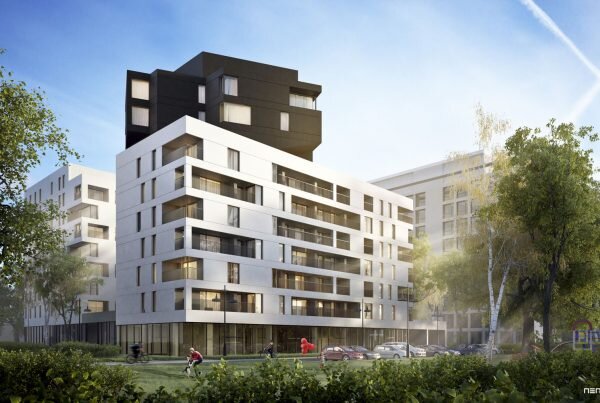 Klimatyczna wizualizacja 3d budynku mieszkalnego WARS w Soho Factory w Warszawie.