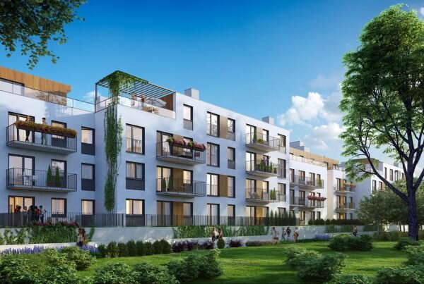 wizualizacja luksusowego kameralnego apartamentowca w zielonej części Warszawy. Złota godzina.