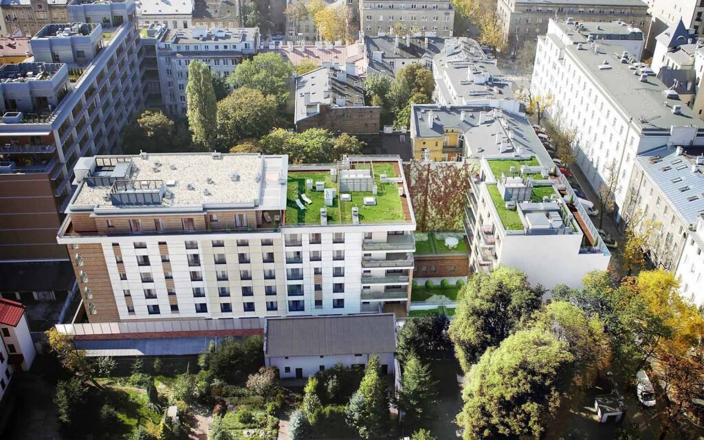 HOME 9 fotorealistyczna wizualizacja kamienicy z lotu ptaka przy ul Hożej w Warszawie