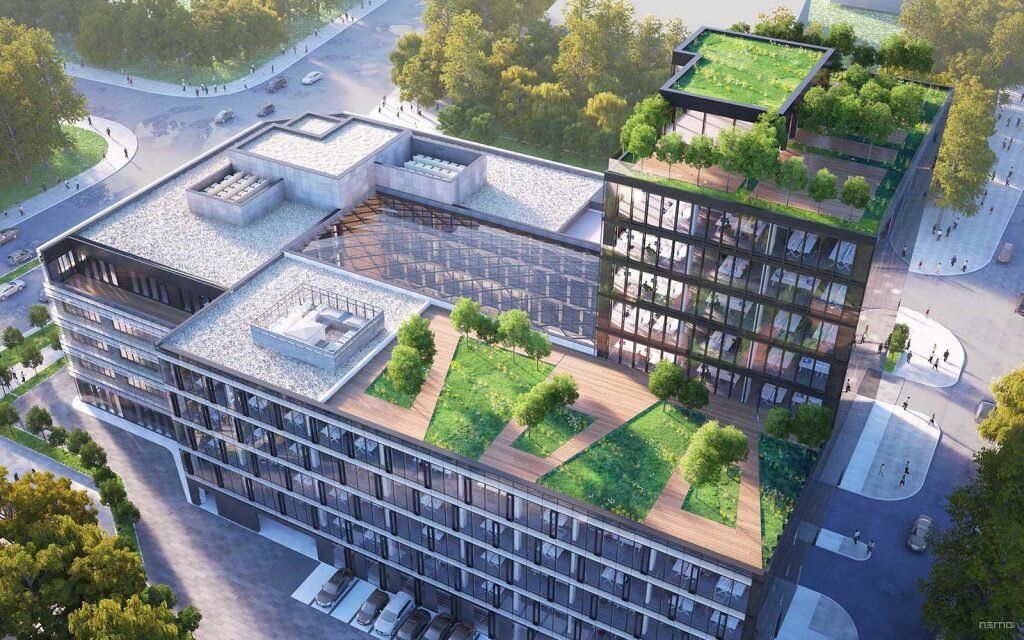 HOME 10 klimatyczna wizualizacja budynku biurowego z lotu ptaka