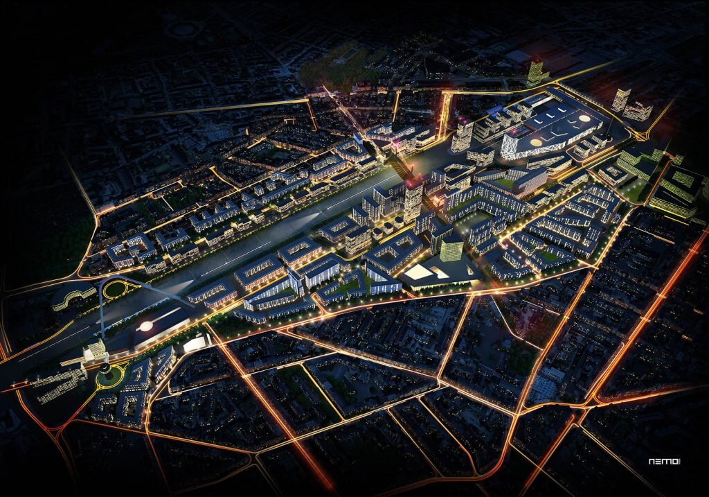 HOME 10 Nocna wizualizacja z lotu ptaka. światło w wizualizacji to najważniejszy element. Odpowiada za odbiór projektu.