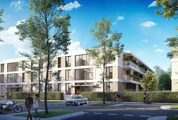 obraz pokazujący wizualizację architektoniczną budynku mieszkalnego wielorodzinnego