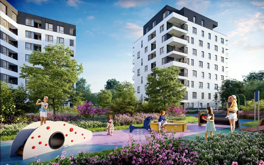 HOME 8 obraz pokazujący wizualizację architektoniczną budynku mieszkalnego wielorodzinnego